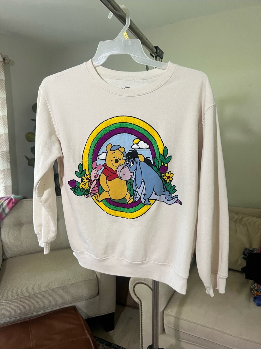 Disney Cream Winnie the Pooh & Eeyore Rainbow Embroidered Crewneck